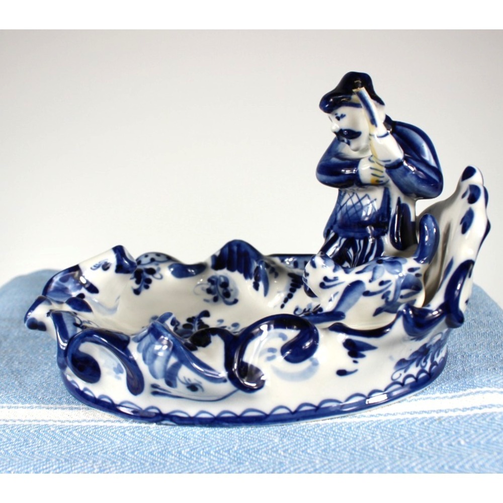 Gzhel Caviar Dish Fisherman Fish Boat Cat Waves Blue/White Porcelain Signed VTG